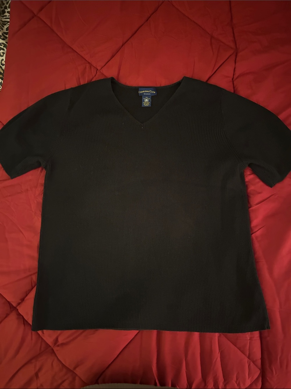 Charter Club Women’s Black Ribbed V-Neck Short Sleeve Sweater